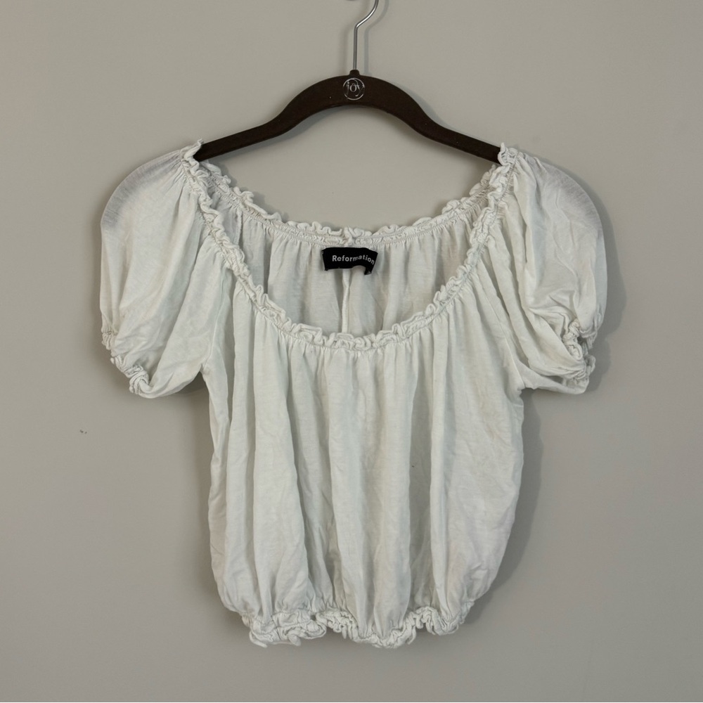 Reformation Small White Scoop Neck Crop - elastic gathered hem